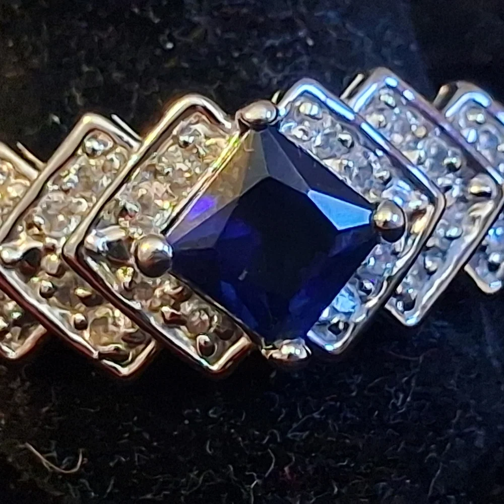 Sterling Silver Women's Ring With Faux Sapphire And Diamonds Size 10 3/4